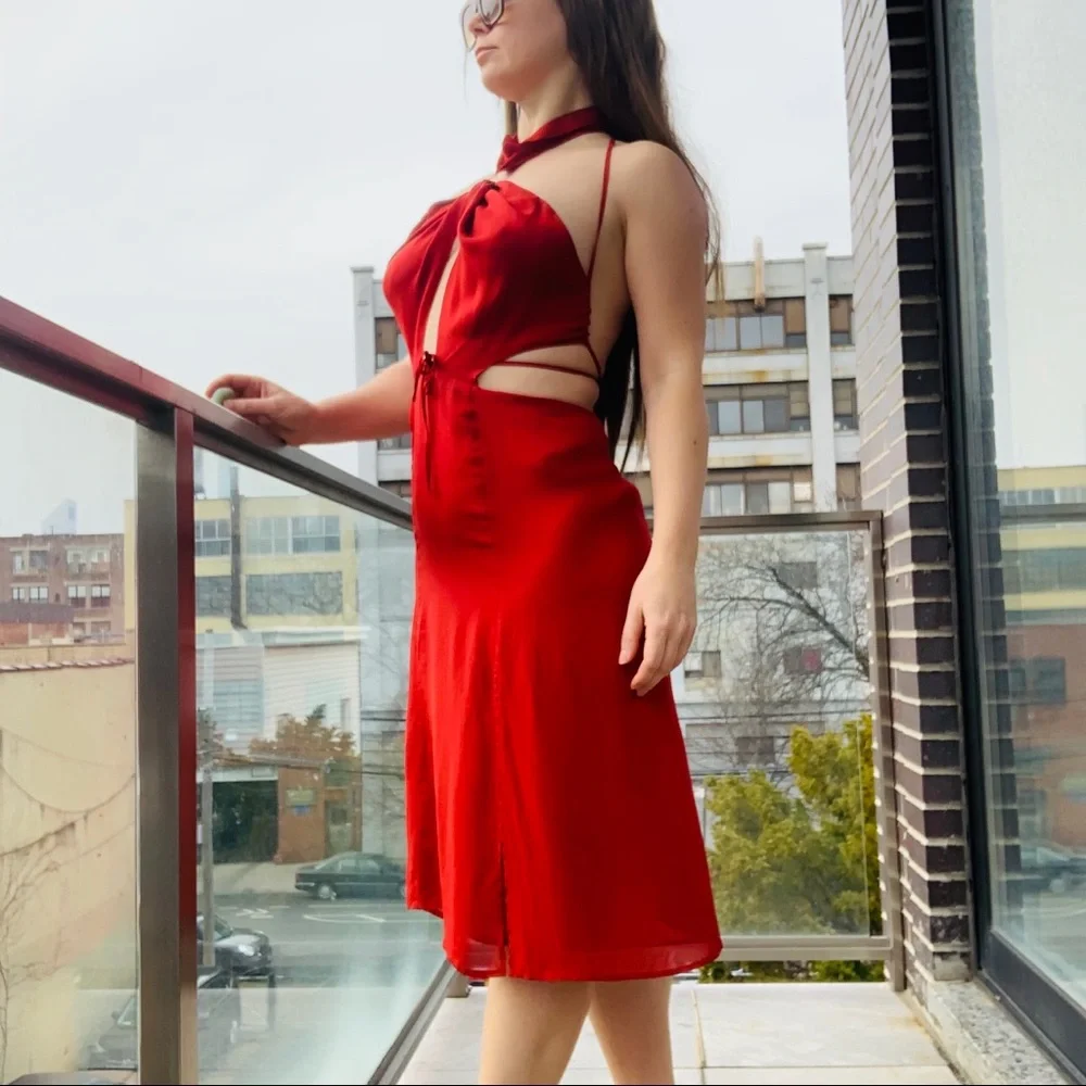 Reformation Neck Chocker Strappy Cherry MIDI Dress